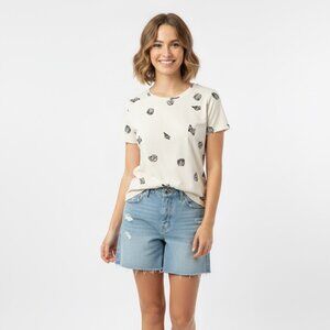 Maeve by Anthropologie Cream Seashell Embroidered Tee, Size Large